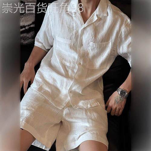 度假风轻奢透气亚麻两件套男士夏季薄款居家出游纯色衬衫五分裤