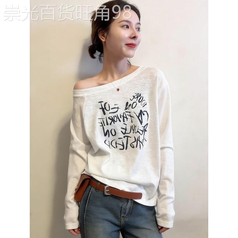 字母印花斜肩长袖T恤女2026春季新款大尺码胖MM慵懒风休闲宽松上