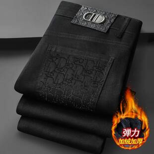 高端轻奢黑色烫钻牛仔裤男潮牌加绒加厚男士裤子弹力修身直筒长裤