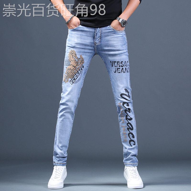 破洞刺绣牛仔裤男士欧货高端春季新款弹力修身印花个性小脚休闲裤