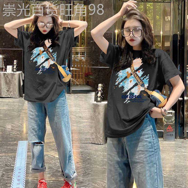 短袖T恤女2026春夏新款欧货印花宽松中长款圆领半袖体恤上衣