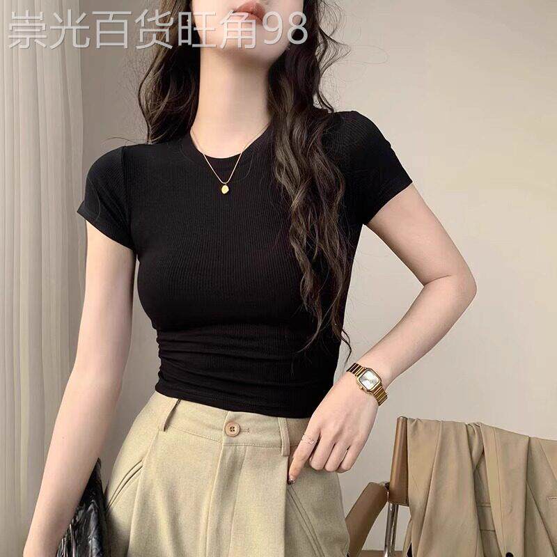 黑色冰丝正肩短袖T恤女2025新款夏季高级感辣妹紧身短款针织上衣