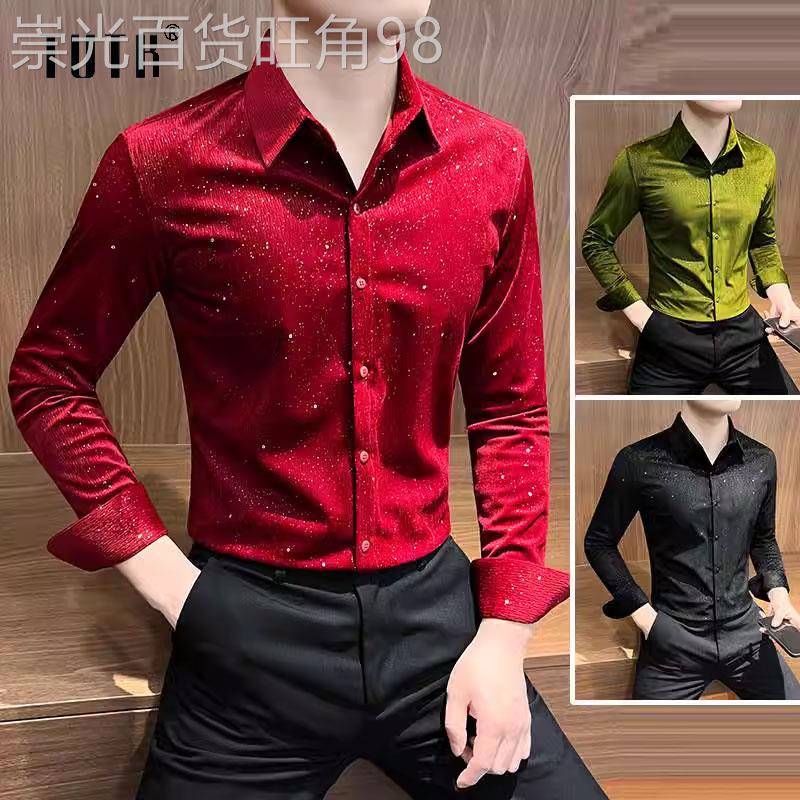 红色衬衫男士2025新款高级感潮牌修身演出服痞帅烫钻翻领长袖衬衫