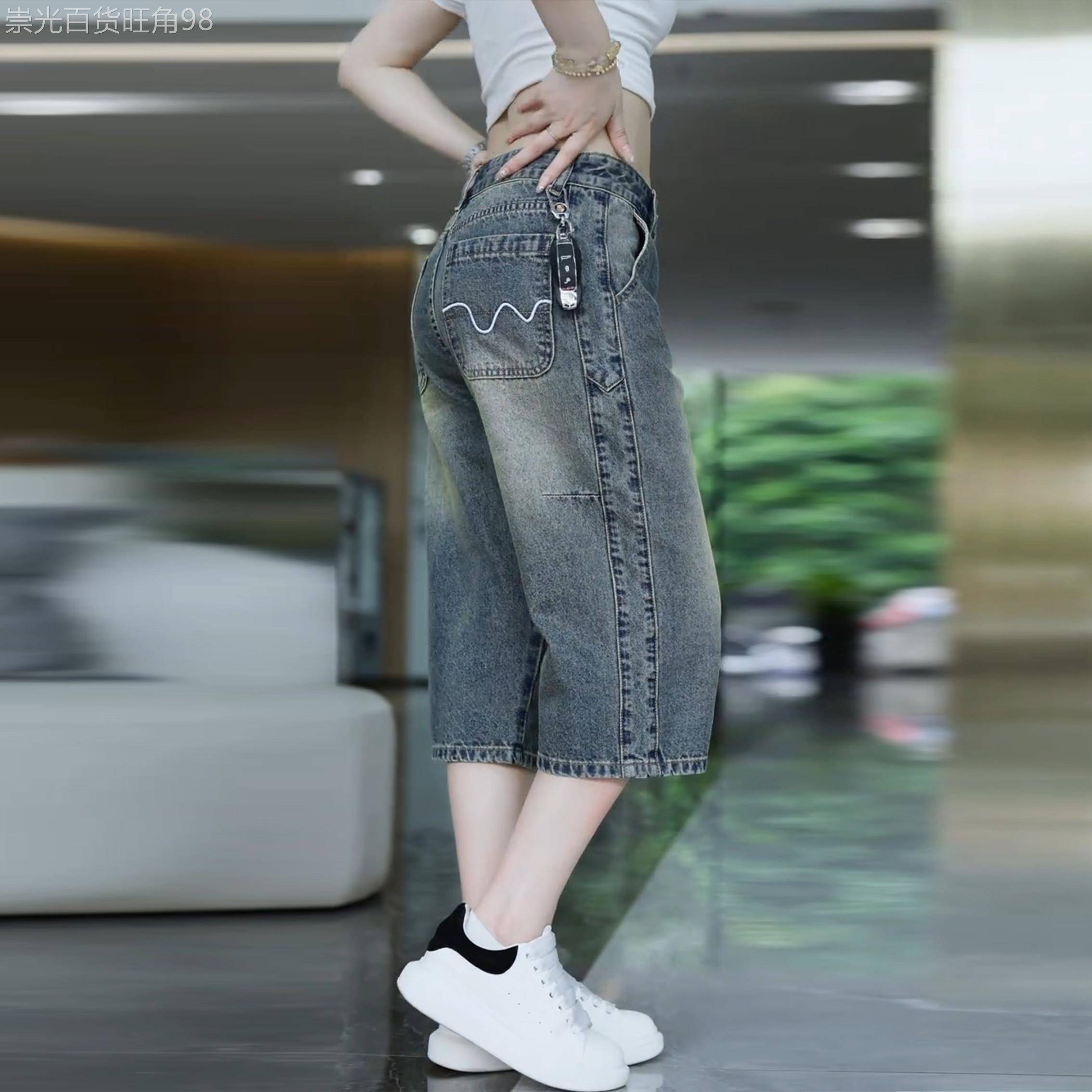 潮牌夏季美式时尚帅气牛仔七分裤短裤男士宽松简约百搭休闲直筒裤