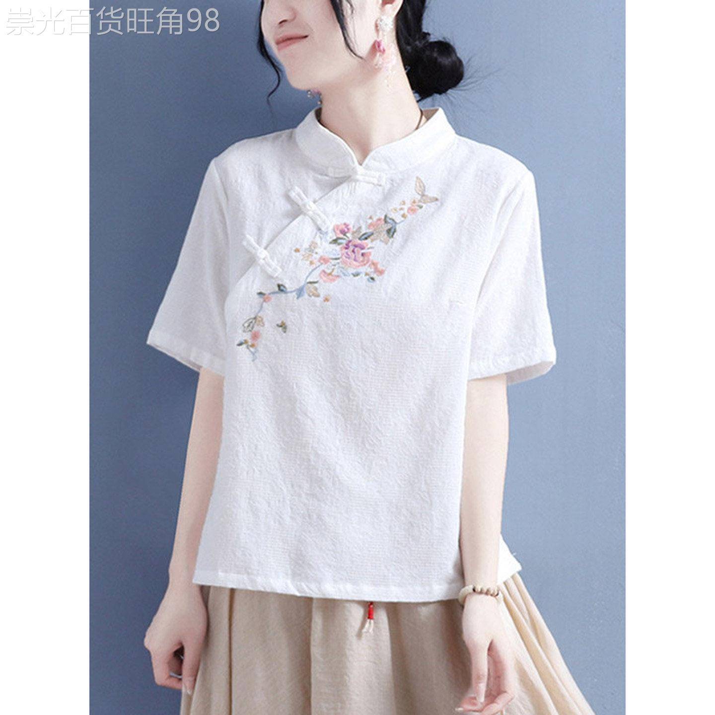 复古棉麻短袖衬衫女夏季2026年新款中式盘扣禅意茶服改良旗袍上衣