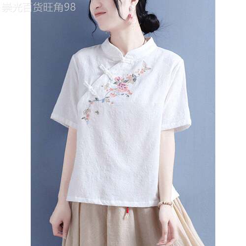 复古棉麻短袖衬衫女夏季2026年新款中式盘扣禅意茶服改良旗袍上衣