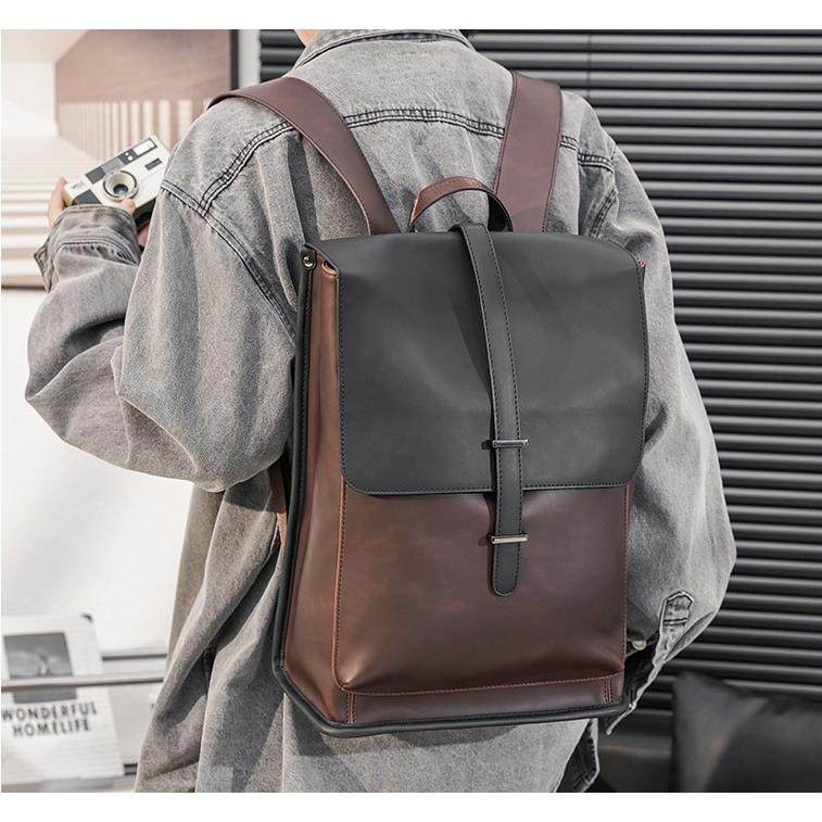 潮牌双肩包2024男士商务真皮揹包青年大容量学生休闲旅行电脑书包