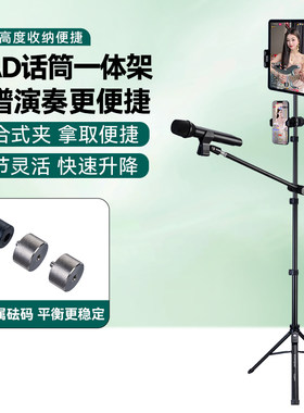 户外麦克风手机ipad通用双机位支架带散热器美颜补光灯声卡托盘配件户外直播K歌唱歌话筒架子专用落地三脚架