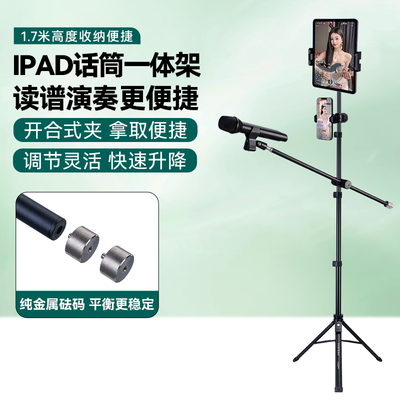 户外麦克风手机ipad通用双机位支架带散热器美颜补光灯声卡托盘配件户外直播K歌唱歌话筒架子专用落地三脚架