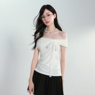 告白情书 Pearlmise 韩系甜美一字肩网纱拼接蝴蝶结绑带上衣女