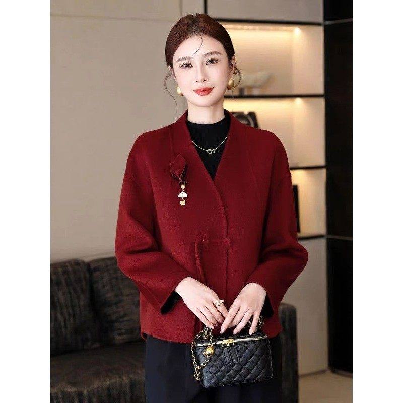 杭州新中式红色双面毛短款毛呢外套女V领高端百搭羊绒大衣外套,女装/女士精品,毛呢外套,淘宝优惠券,粉丝福利购,淘宝优惠卷