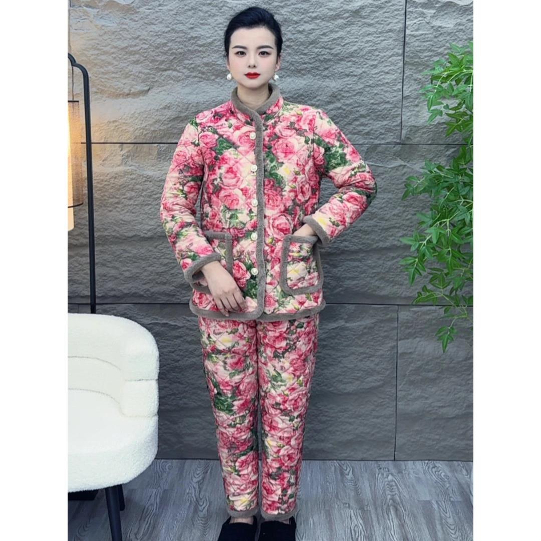 中国风印花纽扣厚两件套女装民族百搭时尚修身型长裤通勤休闲上衣