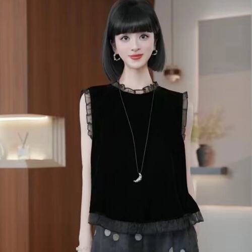 夏季丝绒木耳边无袖显瘦衬衫女