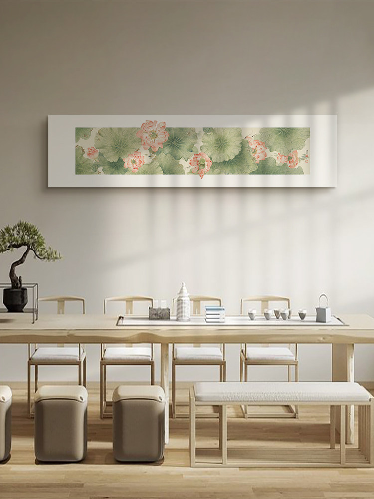 荷花满堂客厅装饰画新中国风荷花沙发背景墙挂画茶室典雅横版无框