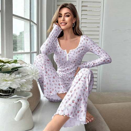 外贸碎花长袖长裤家居服睡衣套装女 homewear pajamas set women