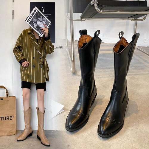 Women Thick Heel Boots Vintage Western Cowboy Rider Boots