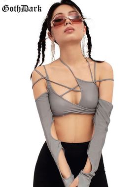 Sexy Techwear Punk Women Halter Tops Gothic Crop Top露脐露背
