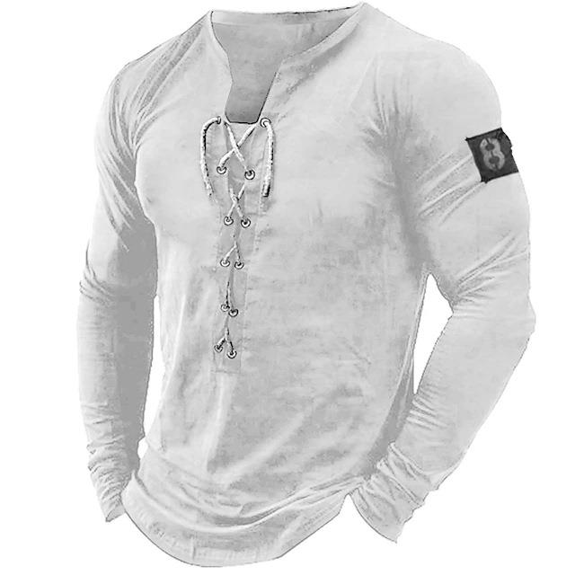 亚马逊男式长袖亨利衫纯色系带领上衣休闲海滩打底衫T-shirt men