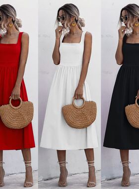 简约方领吊带露背连衣裙contracted backless holiday dress