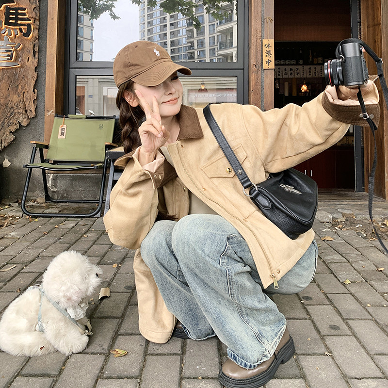 卡其色麂皮绒短款外套女春季2025新款小个子学院风减龄复古夹克图片