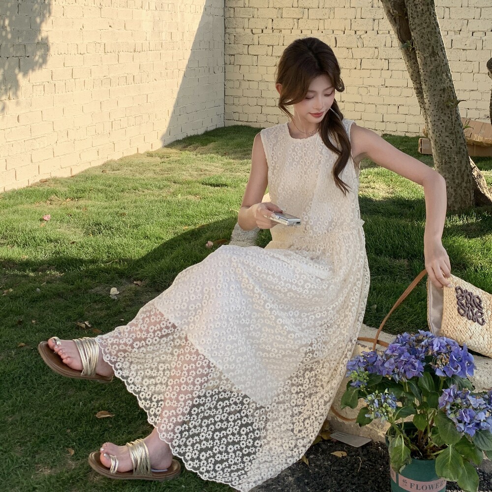 法式减龄提花无袖背心连衣裙女2025新款夏季米白色甜美巨好看长裙,女装连衣裙,浙宝222（原006）