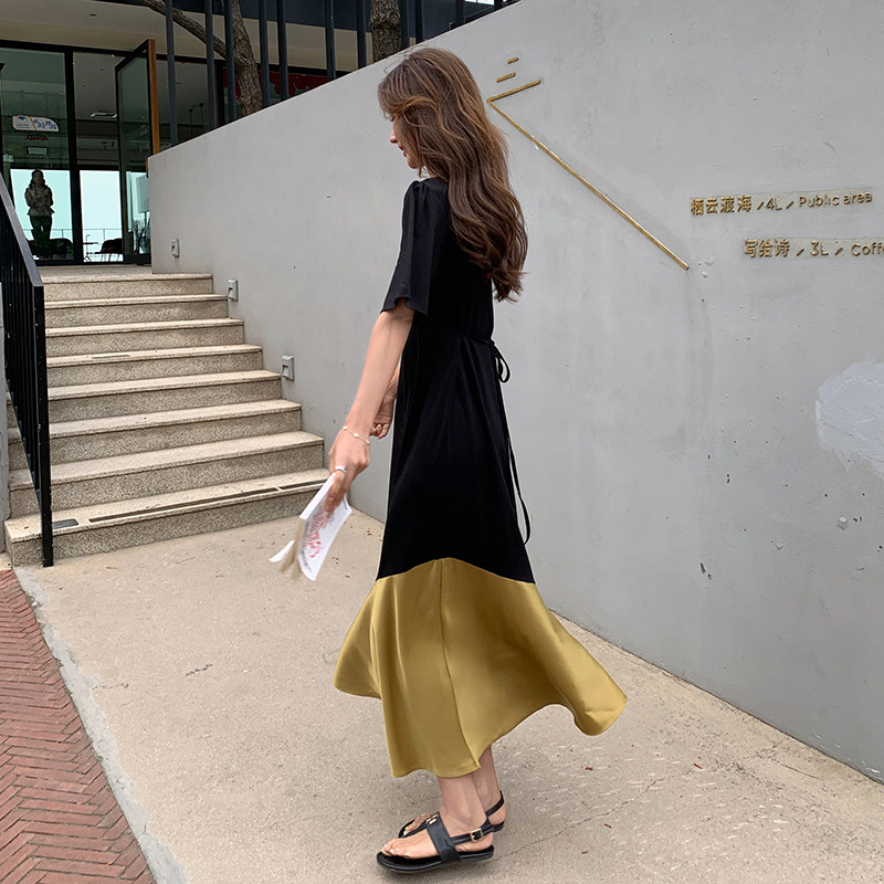 韩系御姐风拼接鱼尾连衣裙女夏2024新款黑色赫本风法式长裙爆款,女装连衣裙,浙宝222（原006）