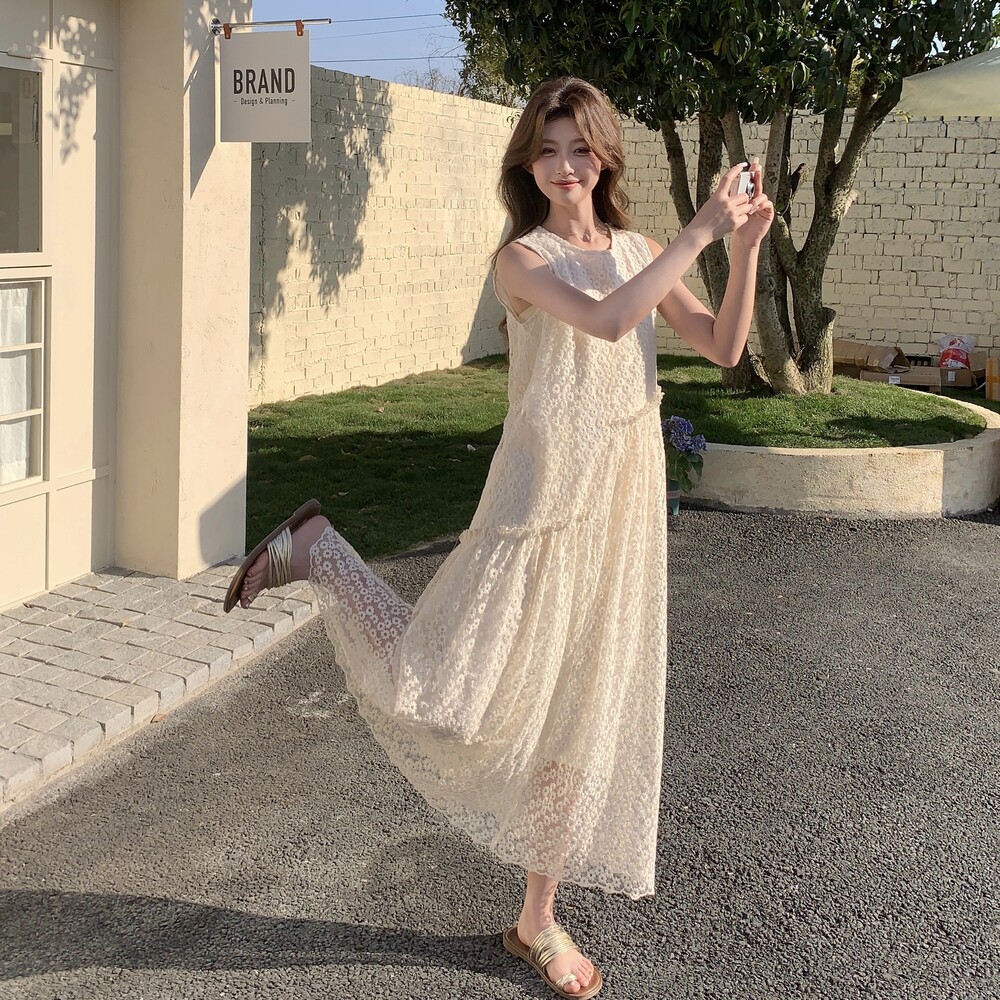 法式减龄提花无袖背心连衣裙女2025新款夏季米白色甜美巨好看长裙,女装连衣裙,浙宝222（原006）