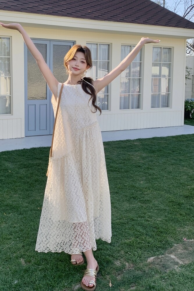 法式减龄提花无袖背心连衣裙女2025新款夏季米白色甜美巨好看长裙,女装连衣裙,浙宝222（原006）