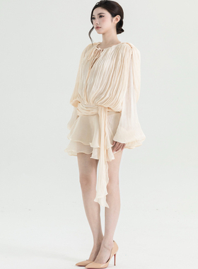 ononmade平替越南小众辣妹流光连衣裙慵懒纯欲长袖荷叶裙短裙女