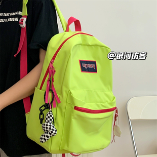 日系休闲学院高中双肩包男百搭大容量背包潮 ins小众荧光绿书包女
