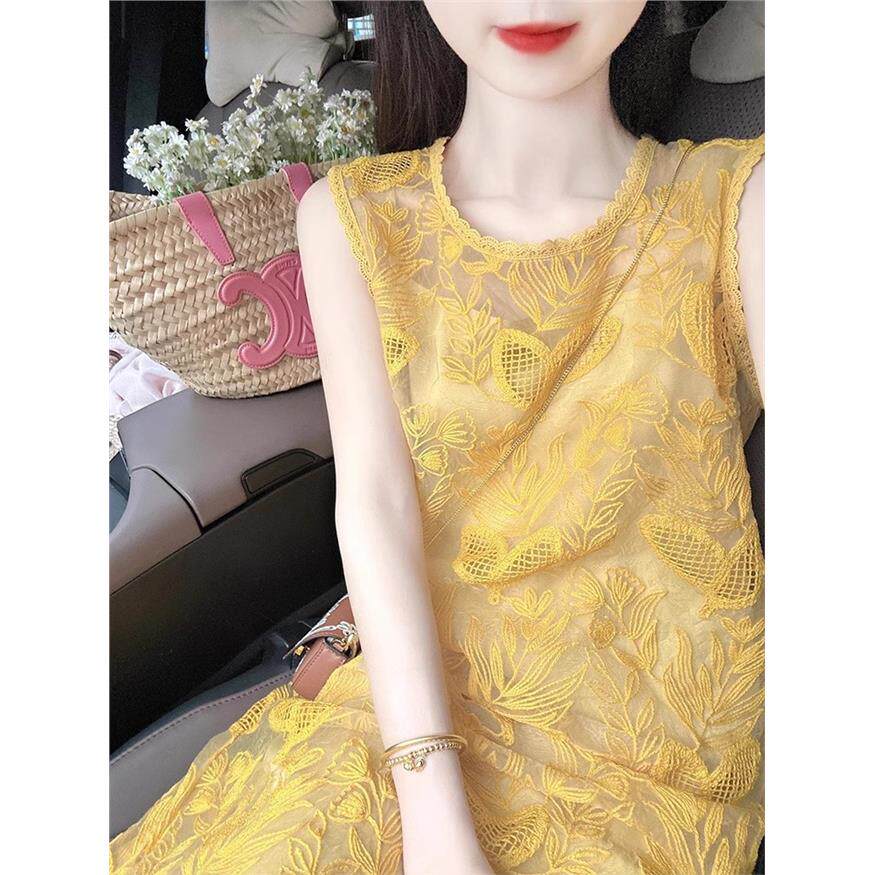 法式黄色蕾丝吊带连衣裙