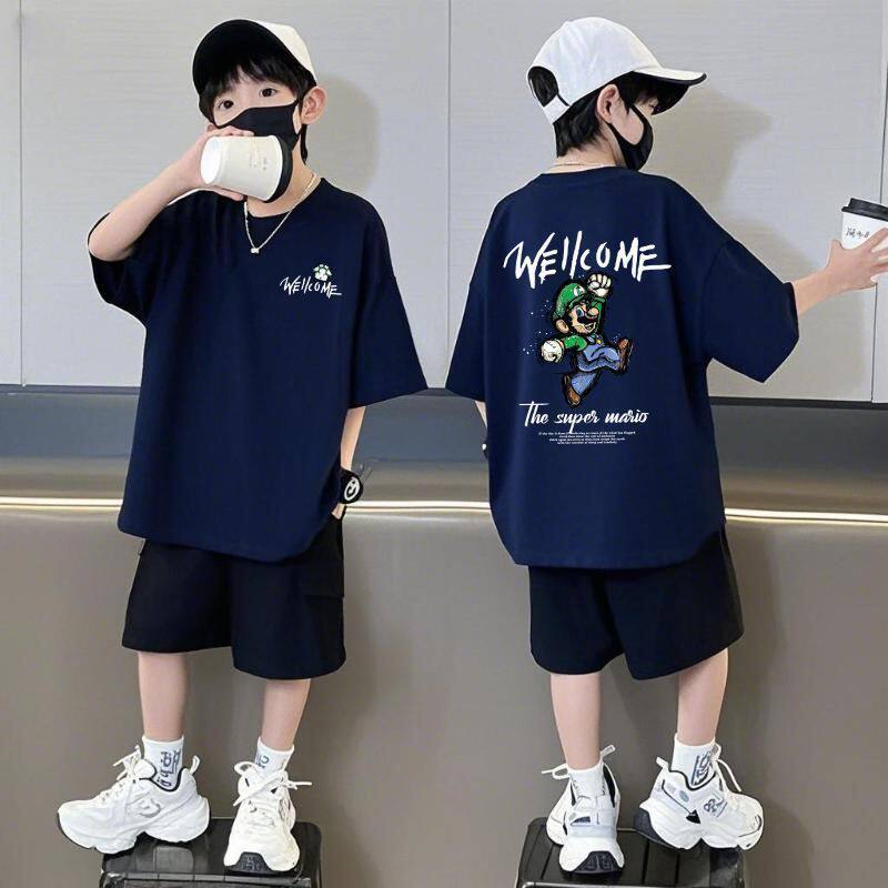 男童短袖套装夏季新款儿童纯棉宽松运动休闲中大童T恤短裤两件套