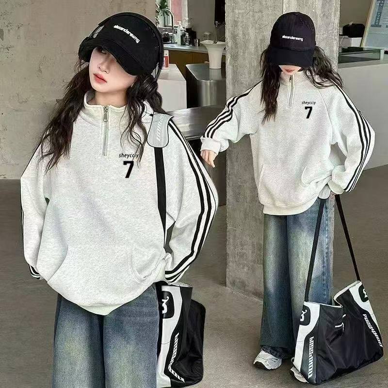 纯棉美式字母印花半拉链卫衣女童秋冬新小众中大童潮牌上衣外套女