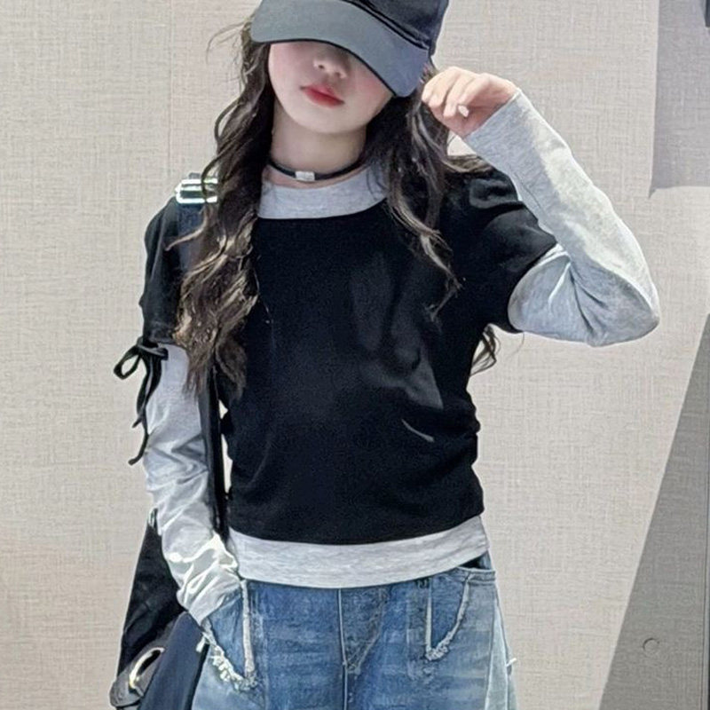 女童长袖t恤春秋新款假两件设计