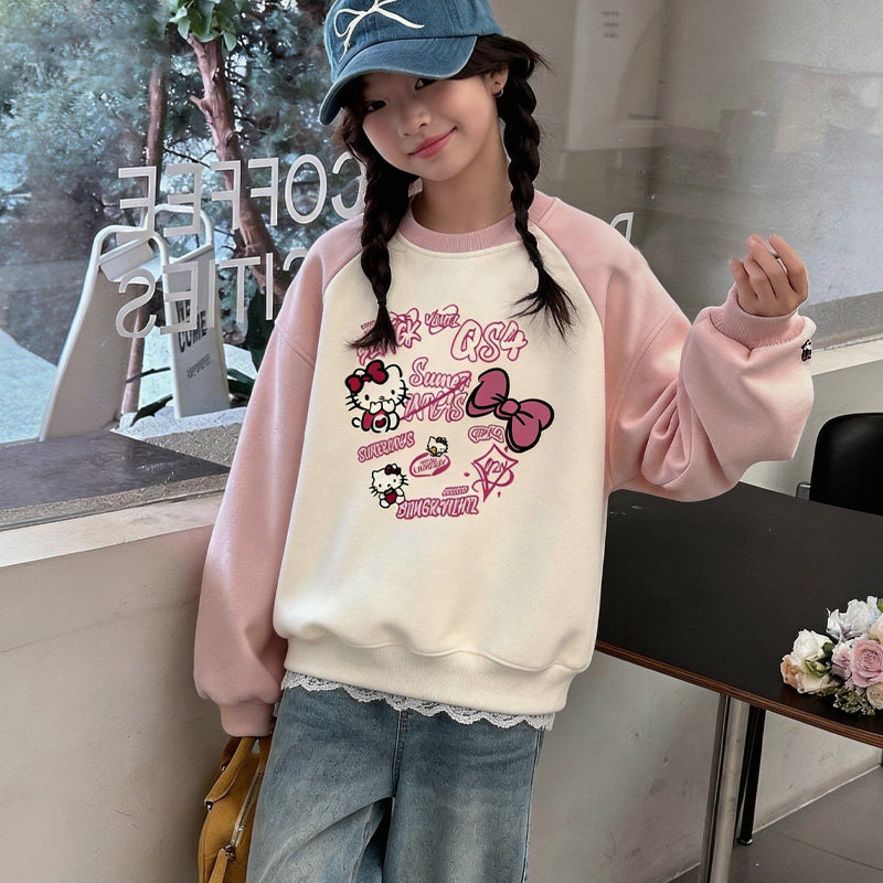 女童2026春秋新款卡通插肩袖卫衣儿童中大童洋气宽松纯棉加绒上衣