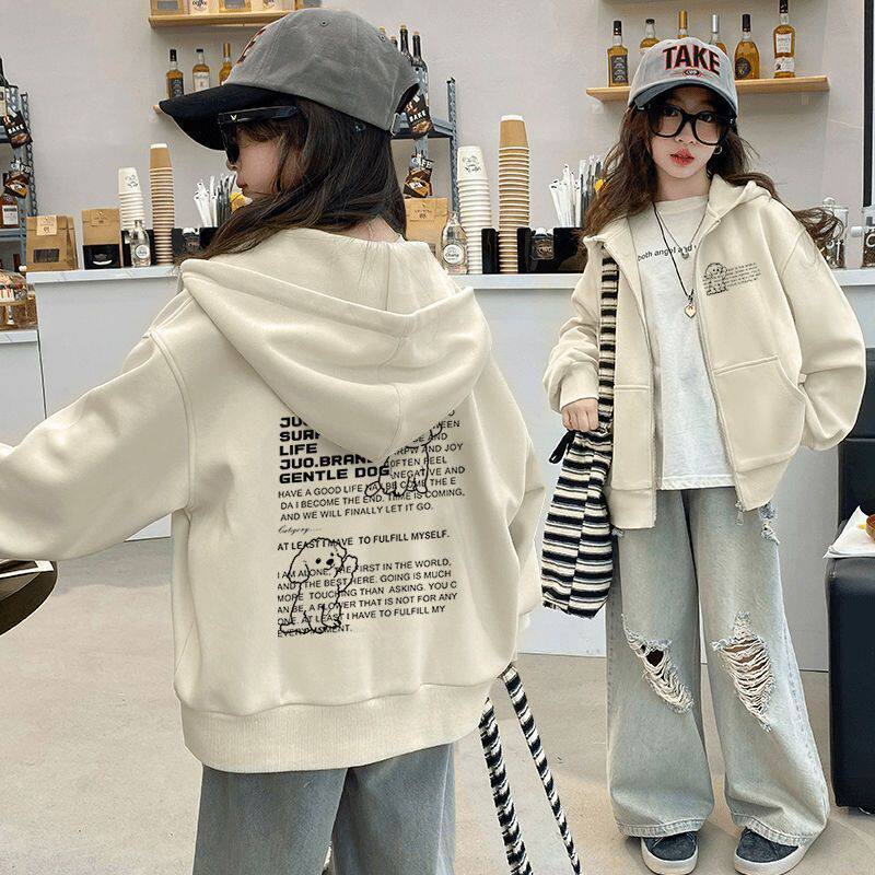 女童卡通连帽开衫春装外套2026春秋新款中大童潮牌加绒拉链卫衣潮