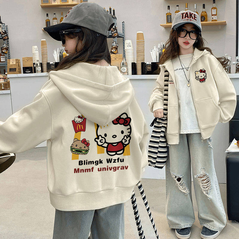 女童拉链外套2026新款春秋连帽卫衣中大童卡通宽松加绒加厚上衣