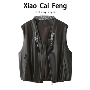 欧货复古pu皮衣丝巾V领无袖 叠穿百搭坎肩马夹 马甲背心女春秋时尚