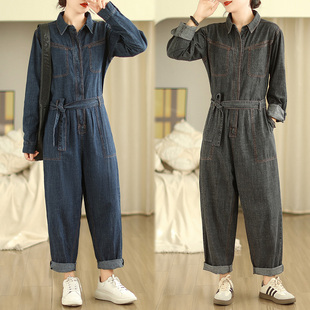 套装 女春秋洋气减龄收腰系带连衣裤 潮 牛仔连体裤 外贸出口复古工装