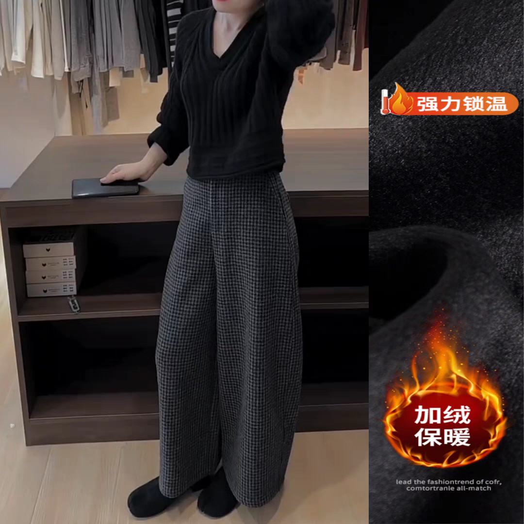 欧货毛呢格子直筒裤女秋冬大码高腰垂感显瘦九分裤加绒休闲阔腿裤