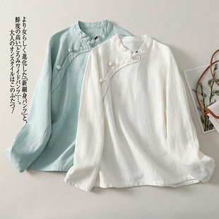 宽松显瘦内搭打底衫 女春秋款 茶服棉麻上衣 立领盘扣亚麻衬衫 新中式