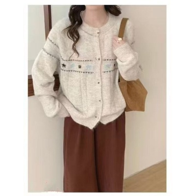 费尔岛提花软糯糯针织毛衣外套女秋冬休闲宽松保暖百搭单排扣上衣