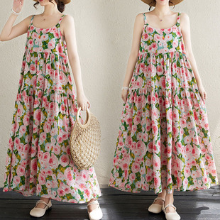 夏季 胖mm旅游度假风印花吊带连衣裙 复古文艺棉麻大摆A字裙女大码