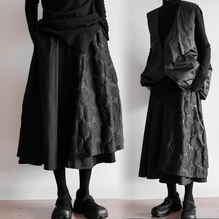 山本暗黑不规则半身裙女春秋花朵拼接显瘦高腰A字裙小众中长裙子