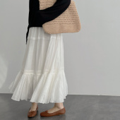 白色高级感苎麻拼接蕾丝半身裙女夏季 百褶裙 温柔风超仙a字中长款