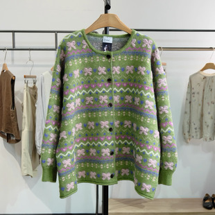森女系提花绿色毛衣外套女2025秋冬休闲宽松显瘦百搭针织开衫 上衣