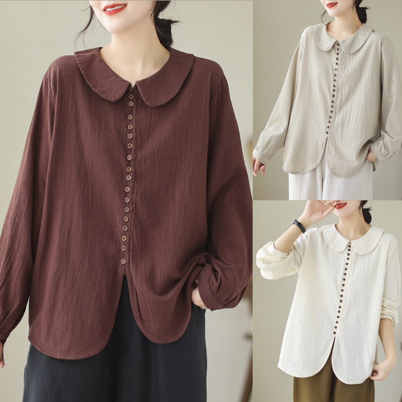 法式复古娃娃领衬衫女秋季宽松休闲棉麻长袖打底衫遮肚子别致上衣