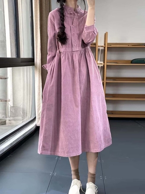 外贸日系复古立领灯芯绒连衣裙