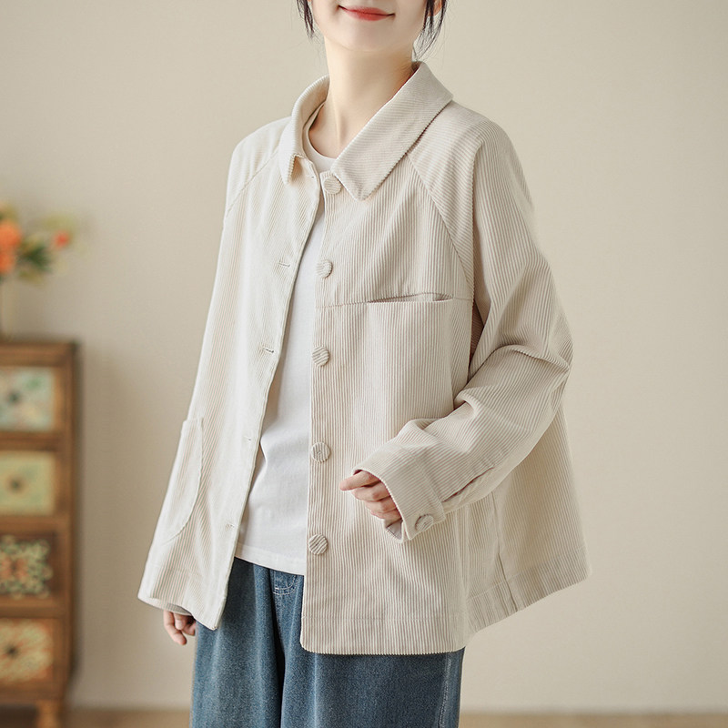 港味米白色灯芯绒翻领衬衫外套女秋冬宽松慵懒风长袖条绒衬衣上衣
