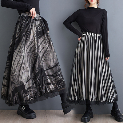 山本风设计感休闲高腰半身裙女时尚复古印花网纱裙小众别致a字裙